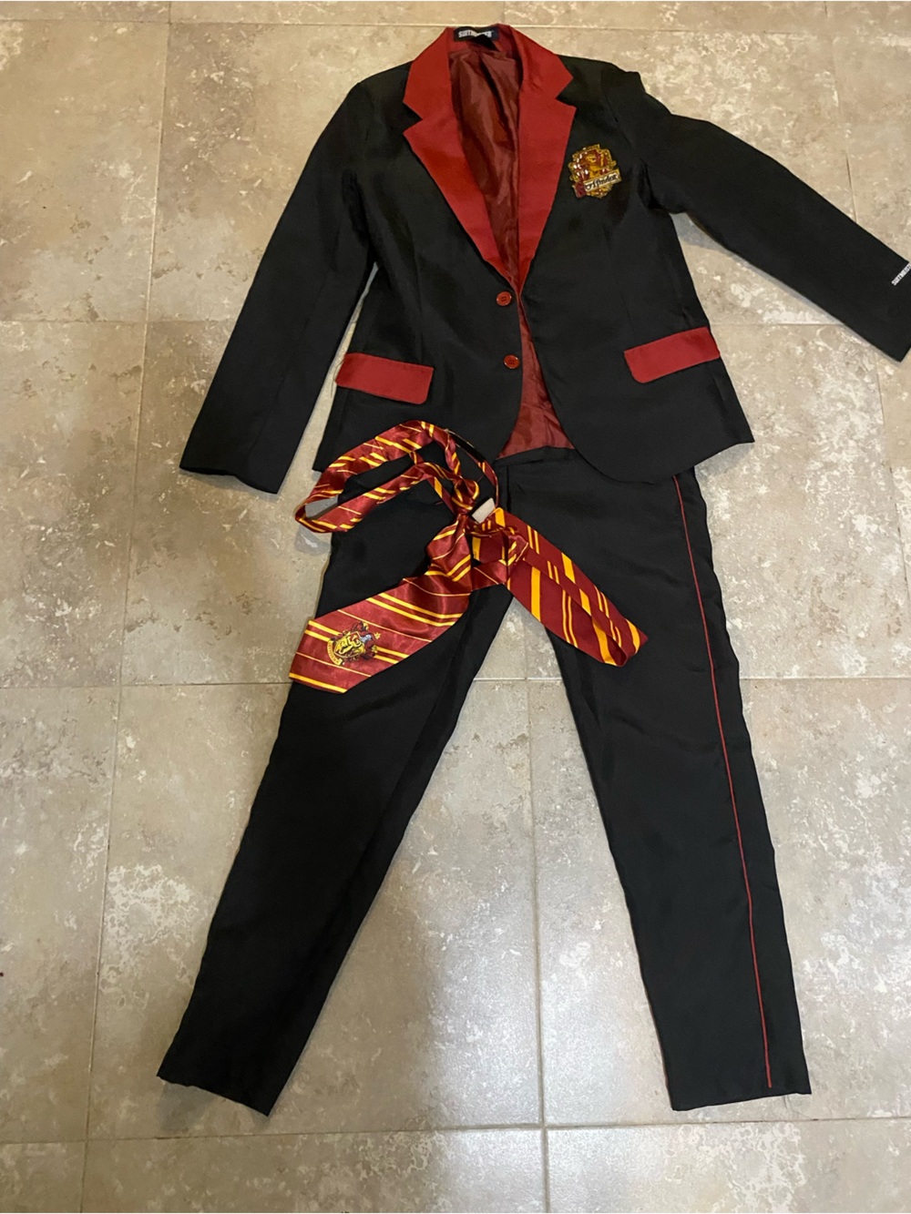 Black Gryffindor-Inspired Suit costume with Red Accents and Striped Tie